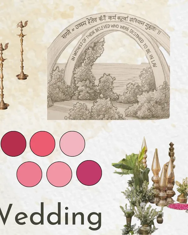 The mood board for our 'Mantram' wedding. This is where the vision began, with a focus on sacred verses, a soft pink color palette, and traditional brass elements.