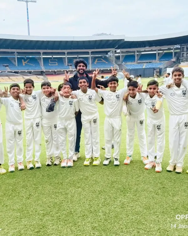 Our victorious Lions Cricket Club team after defeating Jayanagar United Cricketers in a KSCA Under-12 League match at the Chinnaswamy Stadium.