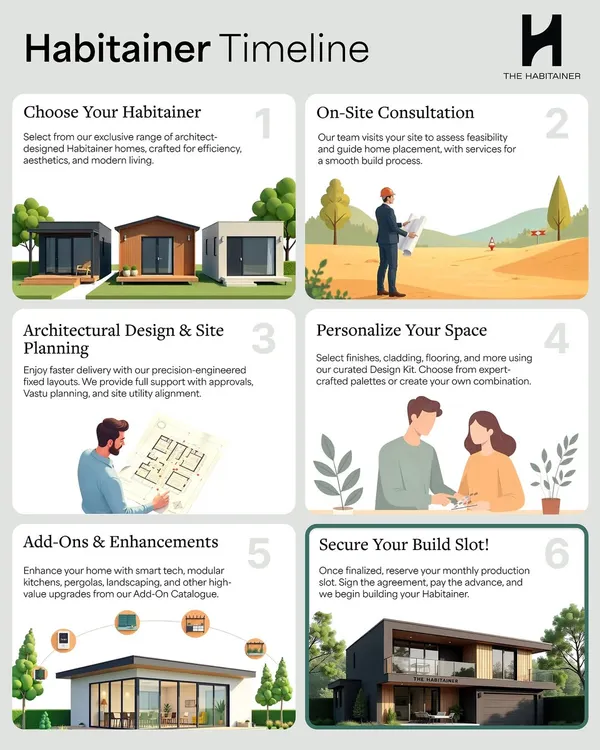 This infographic outlines our streamlined 6-step journey. From the first consultation to securing your build slot, we make the process of building your dream hospitality space clear and straightforward.