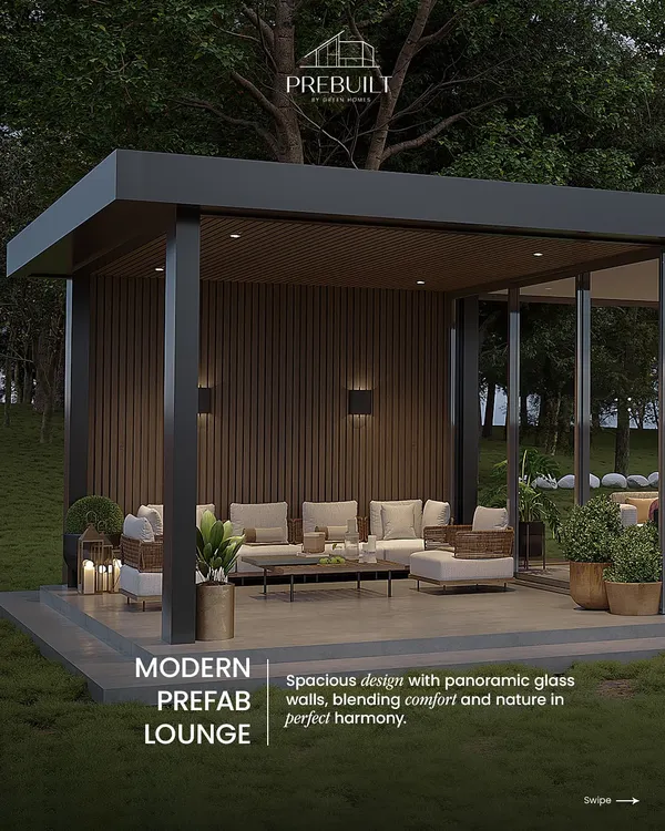 A close-up of our modern prefab lounge concept, showing the open-air seating area. The design uses a combination of a solid wood-paneled back wall and a strong metal frame for a durable and stylish finish.
