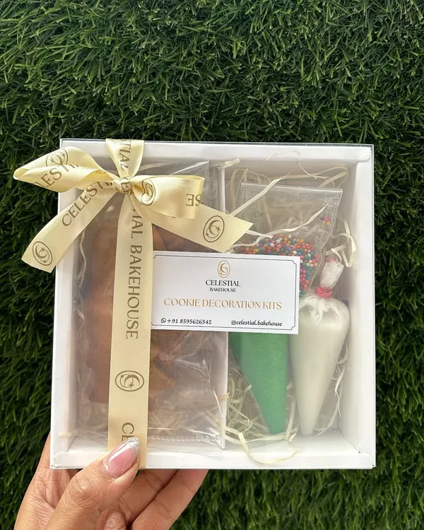 Our DIY Gingerbread Cookie Decoration Kit. It comes with wholewheat and jaggery cookies, natural-colored icing, and sprinkles for a fun, healthy activity.