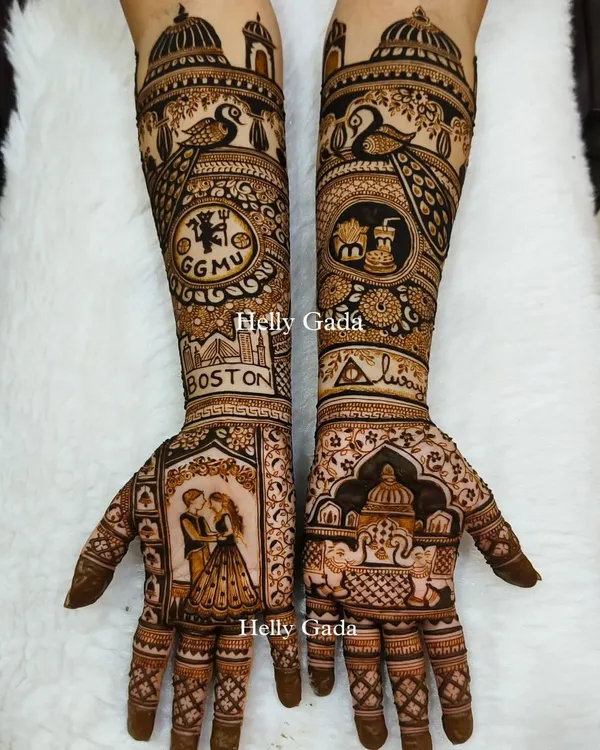 This custom design tells a story of a long-distance romance, featuring the Boston skyline, a Manchester United football logo, and even symbols for McDonald's, all woven into a bridal design.