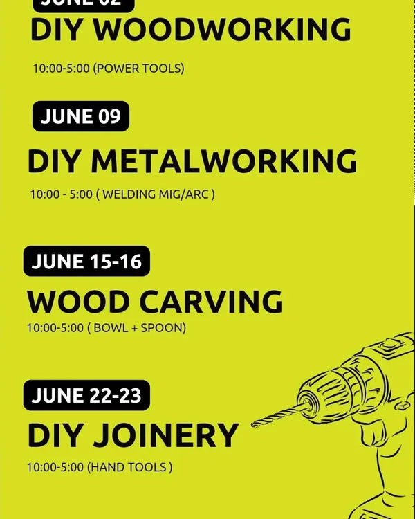 Your weekend plans are sorted. Check out our schedule for June, featuring DIY Woodworking, Metalworking, Wood Carving, and DIY Joinery. DM us to book your spot.