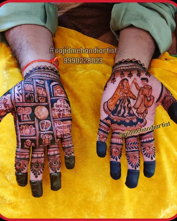 For this groom's mehandi, I created a custom story. One hand features a portrait of the couple, while the other has symbolic panels representing their journey, like footprints for 'growing together'.