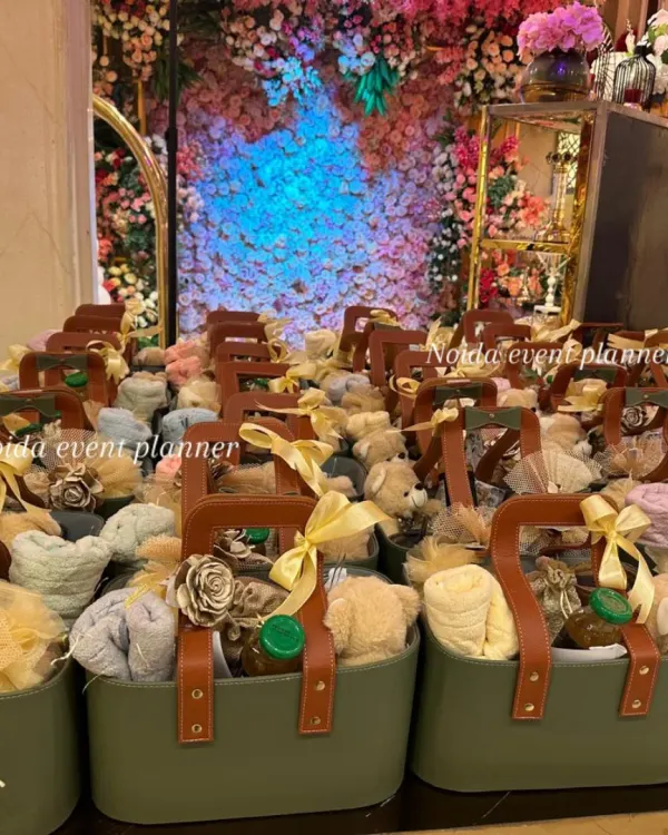 A large order of our signature faux leather tote bag hampers, ready for a wedding reception. We can handle bulk orders of any size, ensuring each return gift is packed with care and looks absolutely premium.