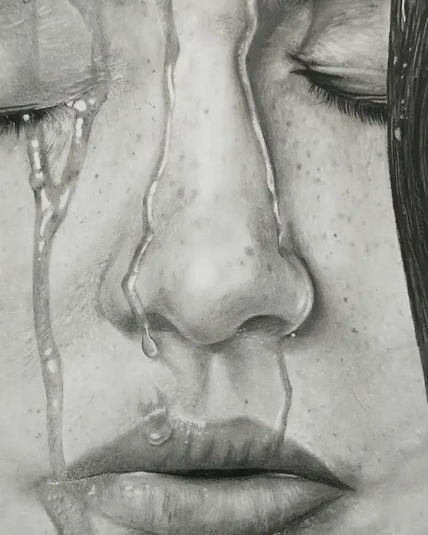 An incredibly detailed and emotional pencil sketch showing water trickling down a face. Our advanced drawing classes focus on hyper-realism and capturing textures like water.