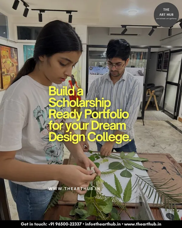 Building a strong portfolio is the first step toward your dream design college. Here, I am guiding a student through a nature-inspired project, helping her develop a unique concept for her application.