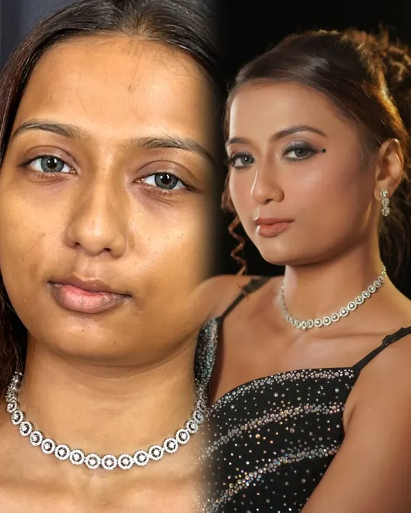 A dramatic before-and-after transformation for a party look. This showcases my signature glam artistry, tailored to highlight each person's unique elegance.