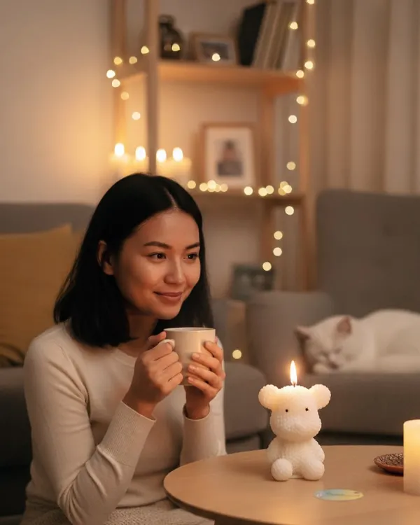Create a cozy and peaceful ambiance with this heartwarming teddy bear scented candle. It's a perfect companion for a quiet evening at home.