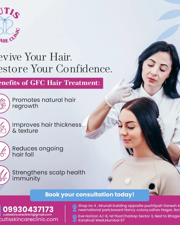 Here, one of our specialists is administering a GFC hair treatment. This non-surgical procedure is shown in a clean, professional setting, reassuring patients of the safe and expert care they will receive to improve hair texture and strengthen scalp health.