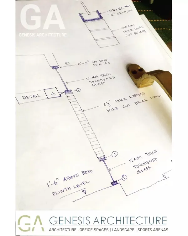 A detail sketch done by hand, showing the junction between a wire-cut brick wall and toughened glass. This is where architecture happens, in the careful consideration of how materials meet and how the building is put together.