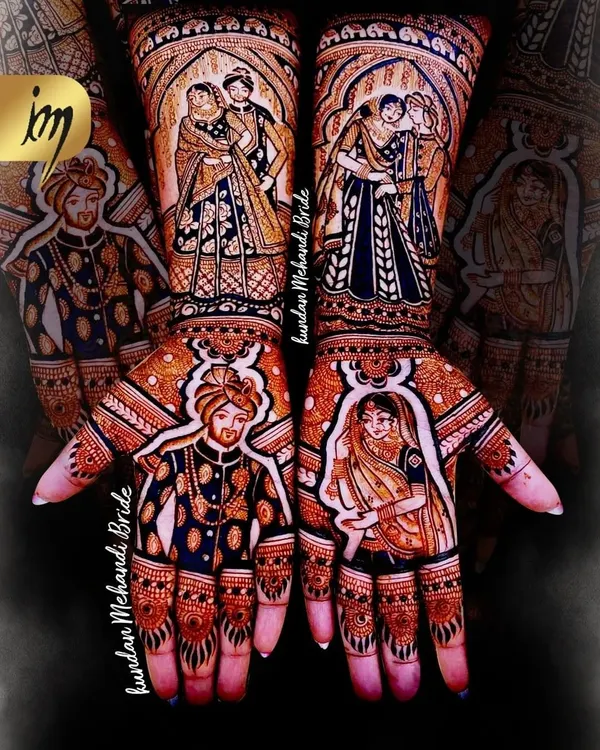 This full-coverage bridal design is all about portraiture. On the palms, I drew the bride and groom, while the forearms feature another romantic couple pose, capturing different moments of their story.