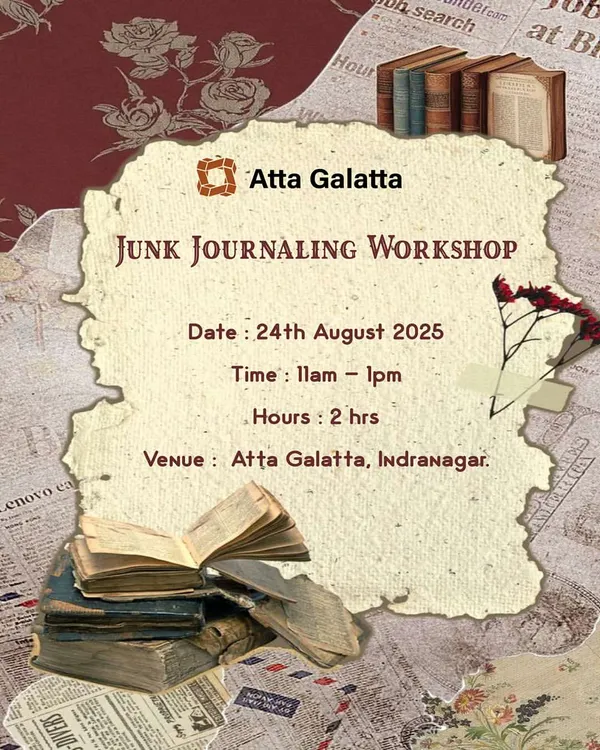 Poster for a Junk Journaling Workshop, teaching how to create journals from recycled materials.
