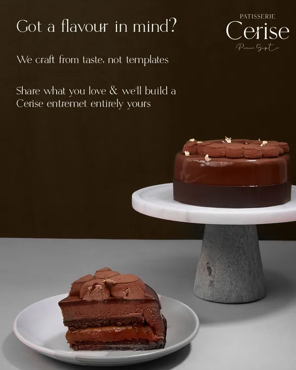 My process is a conversation. Tell me the flavours you love, and I will build a custom entremet that is entirely yours. I craft from taste, not from templates.