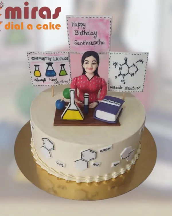 This detailed chemistry-themed cake was for a teacher's birthday. It includes a hand-made figurine, edible chemical structures, and miniature lab equipment to celebrate her passion for science.