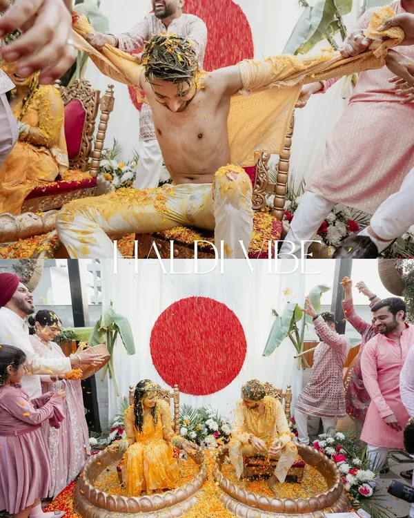 The Haldi ceremony at its most energetic. This collage shows the groom being playfully covered in turmeric by his friends and the couple being showered with flower petals, capturing the pure fun of the ritual.