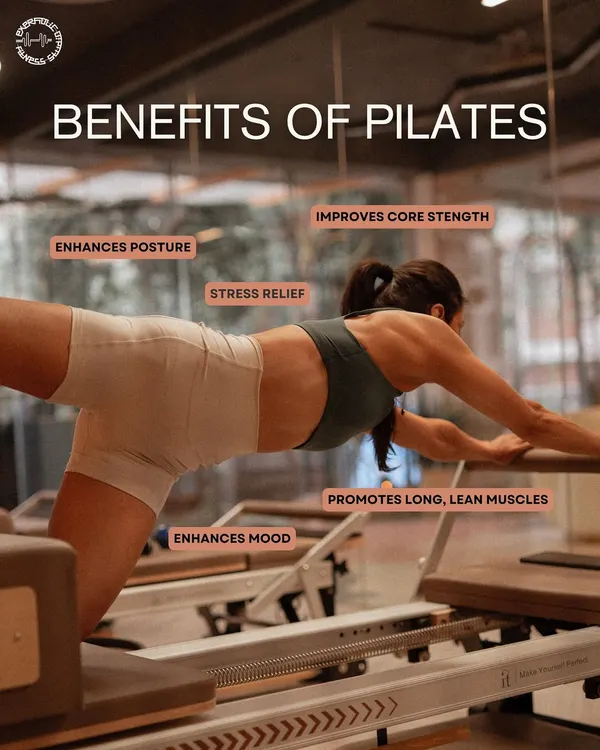 This image captures the essence of what we do. Pilates helps you build long, lean muscles, improve core strength for better posture, and provides stress relief that enhances your mood. It's a full-body workout that connects mind and movement.
