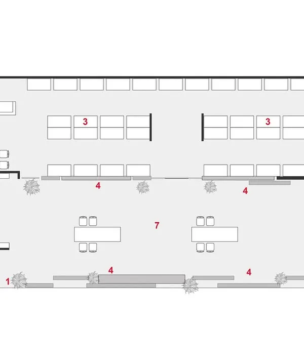 The floor plan for the Realply Exhibition Stall at Matecia '24. This layout details the linear circulation path, the placement of product display walls, and the designated areas for meetings and discussions.
