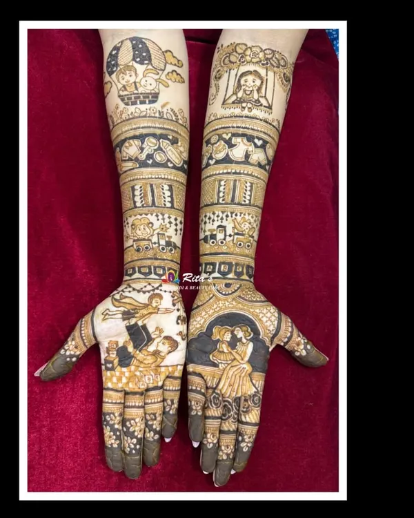 A heartwarming baby shower mehendi featuring portraits of the family. One hand shows the mom with her daughter, while the other shows the dad with their son, celebrating their growing family.
