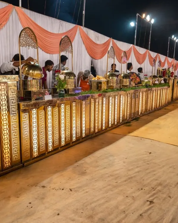 This is my special Royal Buffet setup for a large wedding in Panvel. The illuminated counters create a grand look and feel, perfect for making your wedding feast memorable.