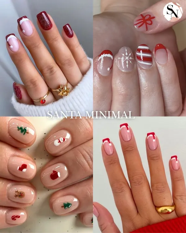 For the minimalist girl, here is some Santa-themed Christmas inspiration. This collage features subtle and chic designs with small festive details like bows, snowflakes, and tiny Santas.