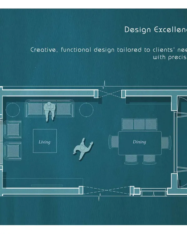 My design process begins with creative and functional plans tailored to my clients' needs, as shown in this blueprint-style layout.