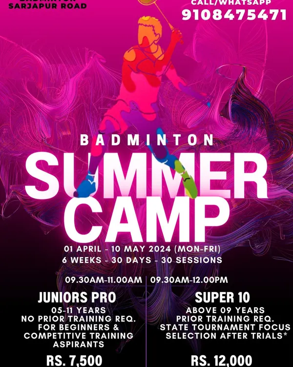 Our official poster for the Badminton Summer Camp, detailing programs for different age groups and skill levels like 'Juniors Pro' and 'Super 10'.