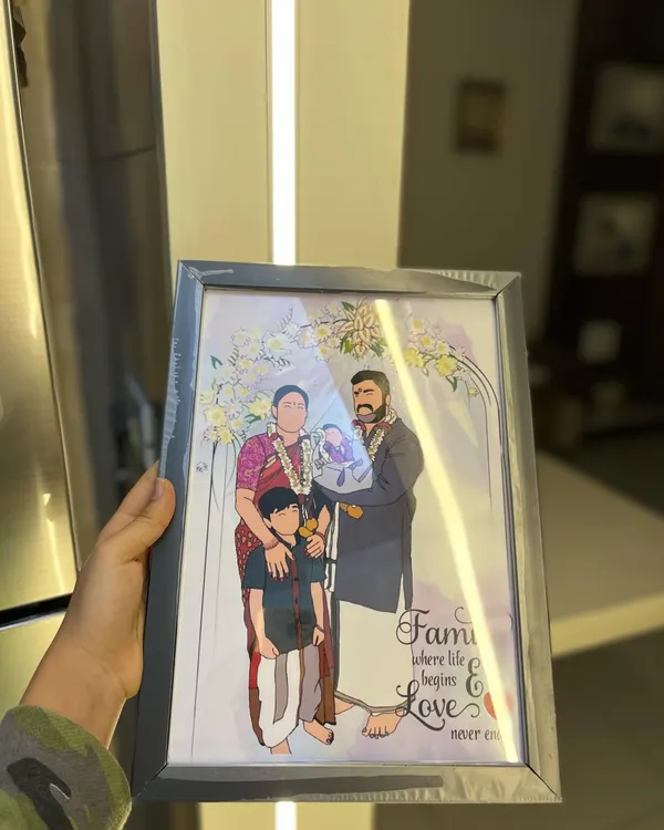 Family is where life begins and love never ends. This custom illustration captures a beautiful family moment, complete with their new baby, and is presented in a sleek grey frame.