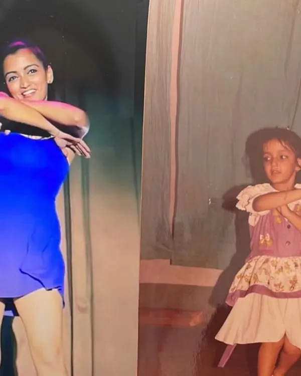 A side-by-side photo of me as a little girl in a dance costume and me now. My journey from a kid with a dream to founding my own dance company has been incredible.