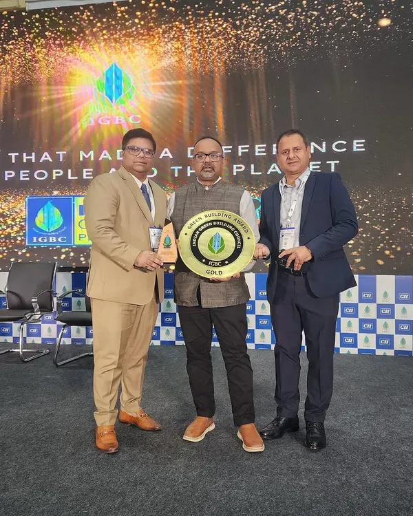 Our team proudly accepting the IGBC Green Building Award. We received a Gold rating for the Cancer Block at Venkateshwar Hospital, recognizing our contribution to sustainable healthcare design.