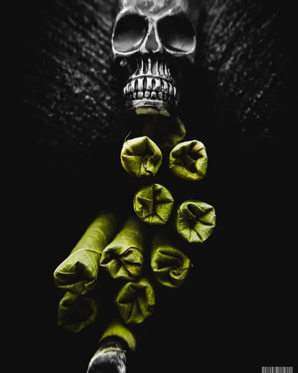 A dark and conceptual shot featuring a skull and rolled leaves. This image is meant to be provocative and artistic, playing with themes of life and death. It's an example of my more edgy, creative work.