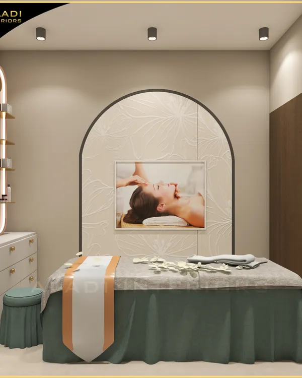 A 3D render of a luxury spa room, showcasing a textured arch feature wall, soft ambient lighting, and elegant, minimalist furniture to create a deeply relaxing atmosphere.