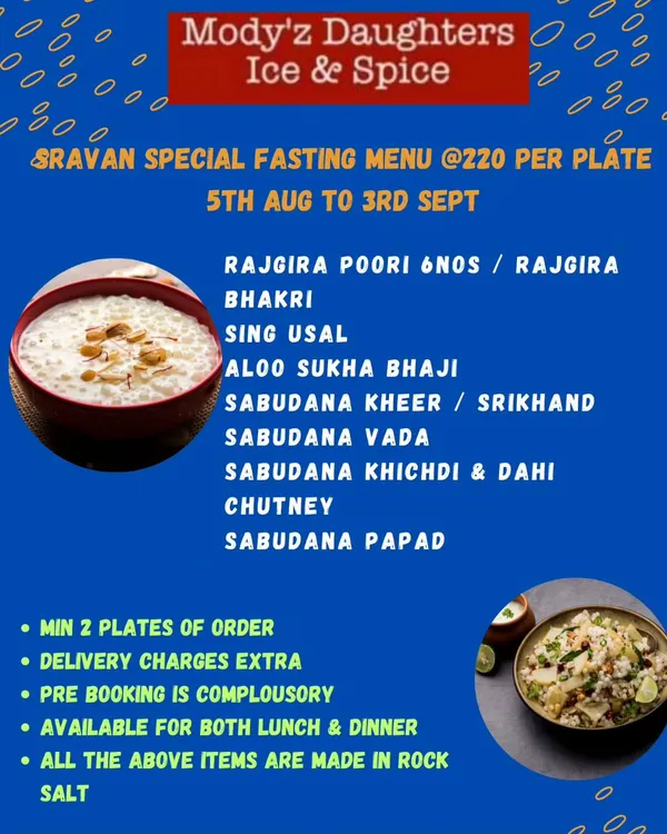 My special fasting menu for the month of Shravan, perfect for bulk orders for religious events. Everything is pure vegetarian and cooked separately with rock salt, including items like Rajgira Poori, Sabudana Khichdi, and Sabudana Kheer.