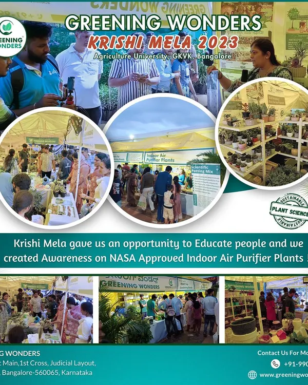 We were thrilled to participate in the Krishi Mela 2023 at the Agriculture University in Bangalore. This collage shows our team interacting with visitors and educating them on the science behind indoor air purifier plants.
