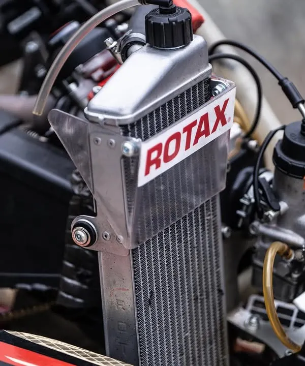 The heart of the machine. A close up of a Rotax engine radiator, a critical component for keeping the engine cool during intense racing conditions.