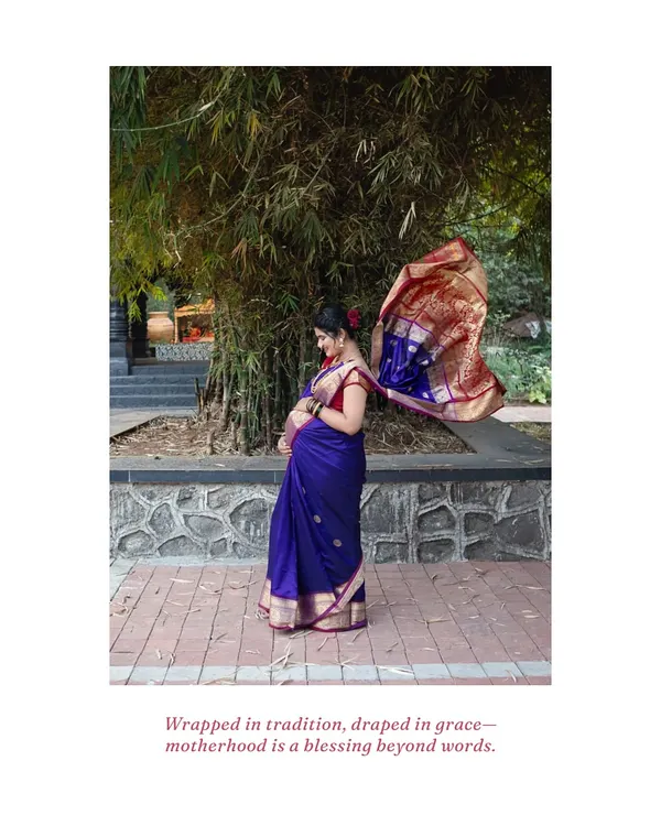 There is a special kind of grace in tradition. For this outdoor shoot, we used a beautiful flowing saree to create a timeless portrait that feels both divine and deeply personal, celebrating motherhood as a blessing.