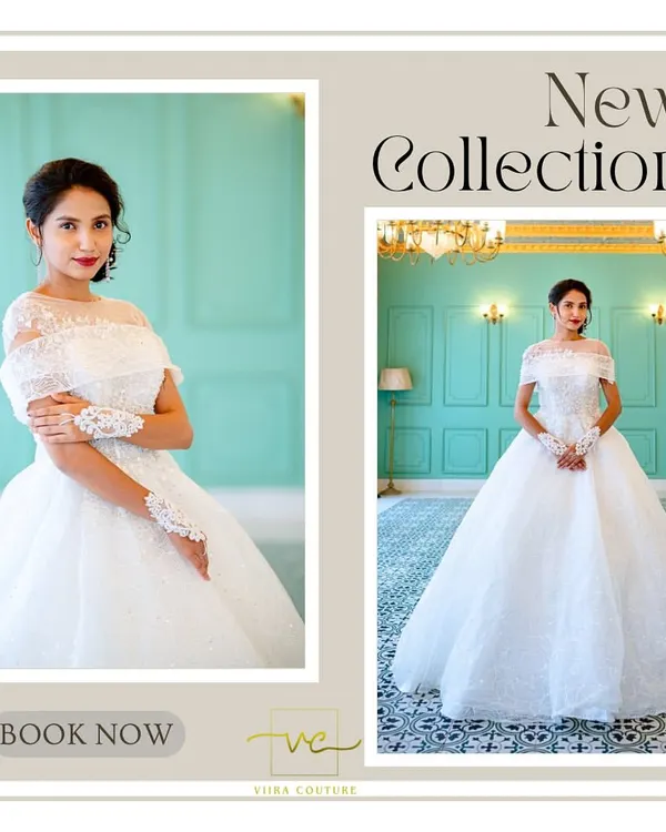 A beautiful collage of my new Catholic gown collection. This off-shoulder ball gown with delicate lace gloves is perfect for a classic bride.