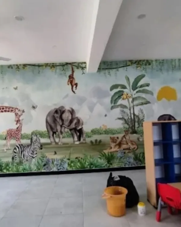 This playful jungle animal mural is perfect for a child's playroom, school, or pediatric waiting area. The friendly characters and soft landscape create a fun and welcoming environment for kids.