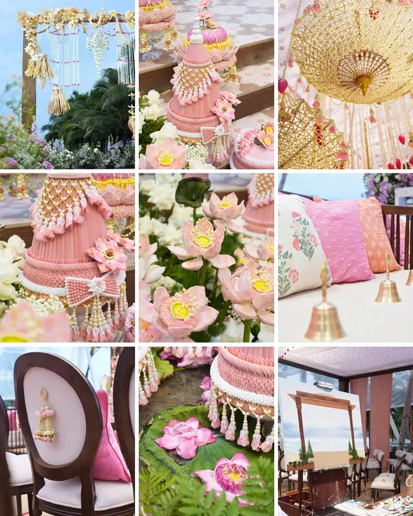 A collage of the many details from a beachfront wedding ceremony. From handcrafted floral structures inspired by Vietnamese and Thai crafts to delicate textiles and symbolic brass bells, each element was thoughtfully chosen.