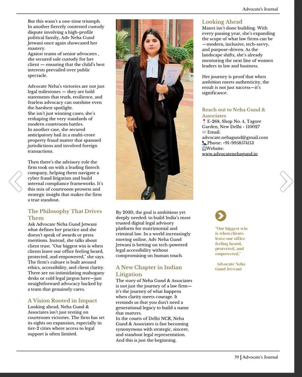 A closer look at my feature in the Advocate's Journal. The article discusses my approach to litigation, my firm's philosophy, and our commitment to using technology to provide accessible legal services.