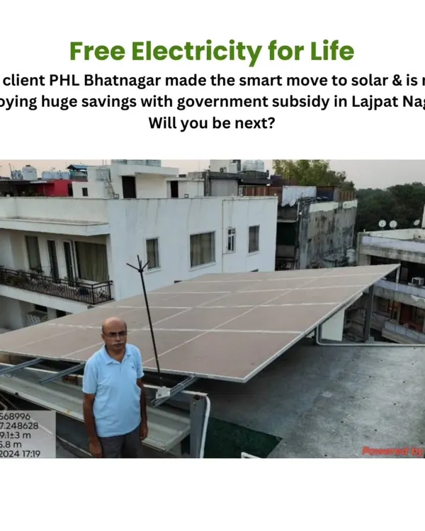 Here is our happy client, Mr. Bhatnagar from Lajpat Nagar, with his new rooftop solar plant. He is now enjoying free electricity for life and has also received a government subsidy.