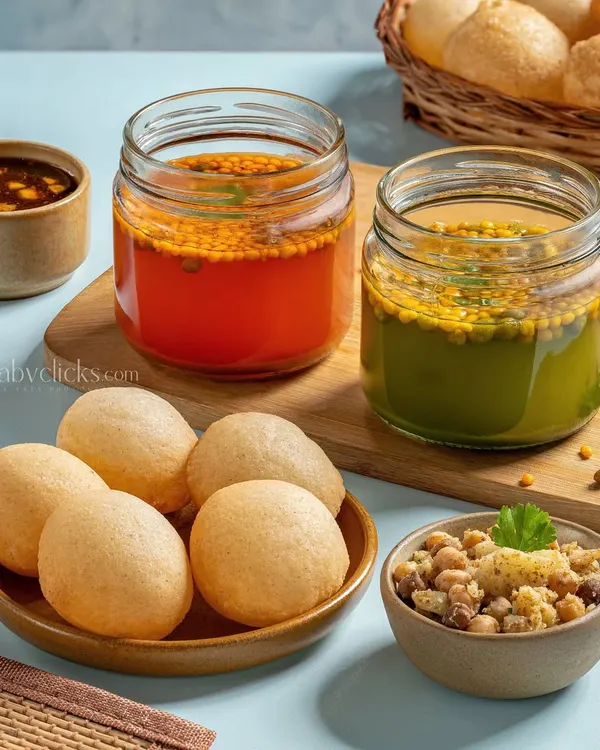 A deconstructed Pani Puri or Golgappa shot, with crispy puris, spicy water, and sweet chutney arranged neatly for a clean and modern take.