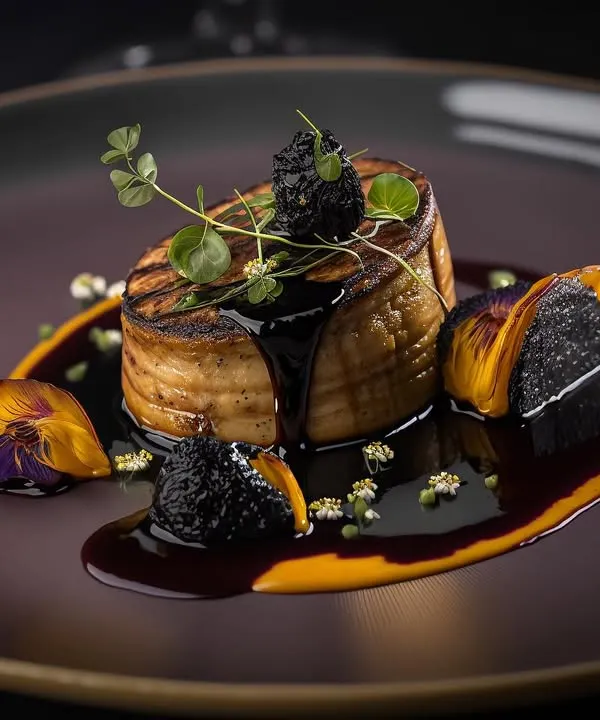 An exquisite plate of Seared Foie Gras, perfectly balanced with a sweet and tangy fig reduction. The dish is garnished with microgreens and edible flowers, showcasing our dedication to fine dining ingredients and artistic presentation.