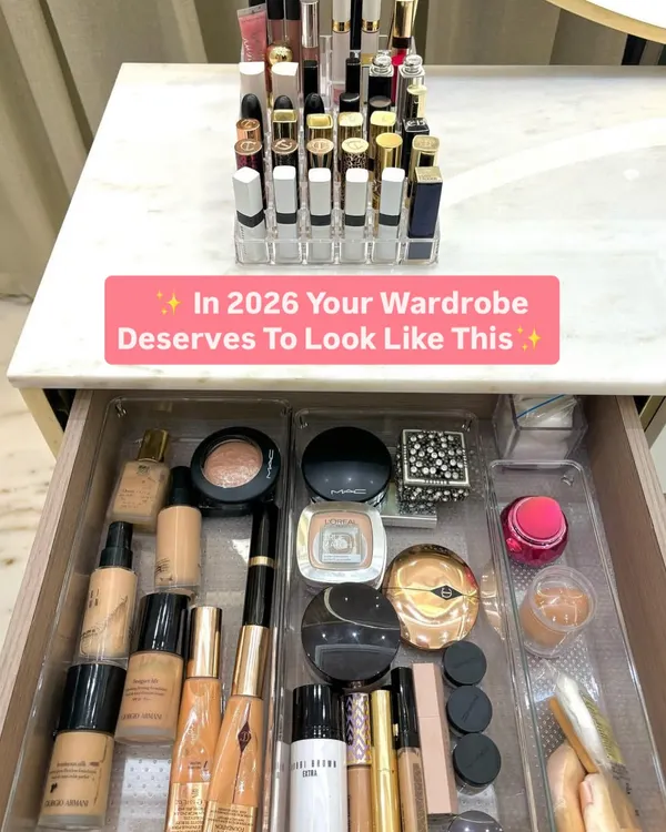 A makeup lover's dream drawer. We use clear, modular organizers to separate products by category: foundations, powders, palettes, and creams. On the countertop, a lipstick holder keeps every shade on display.