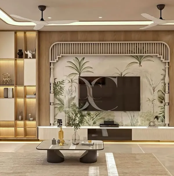 This living room design brings the outdoors in with a nature-inspired TV wall panel. We integrated open shelving with backlighting for displaying decor and added a comfortable window seating area with built-in storage.