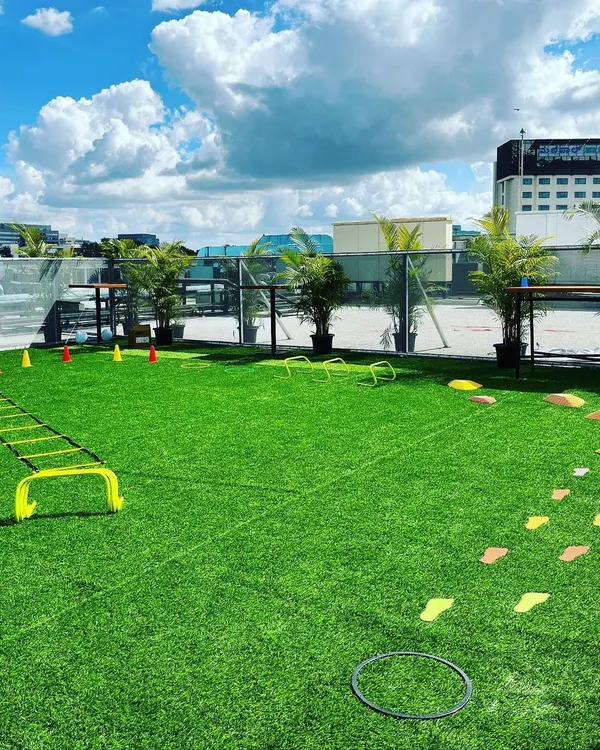 Our outdoor obstacle courses are set up to challenge kids in a fun and safe environment. This agility ladder and stepper path helps improve footwork, speed, and coordination.