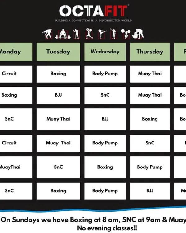 Here is our class schedule. We are operational on Sunday mornings, so you can make the most of your training even on weekends.