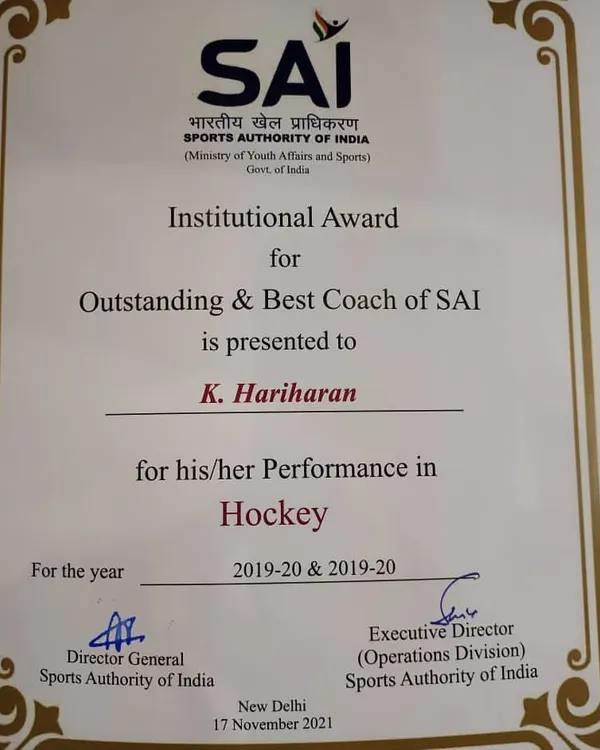 I am honored to have received the Institutional Award for Outstanding & Best Coach of SAI. This recognition is a result of my team's hard work and the support I've received.