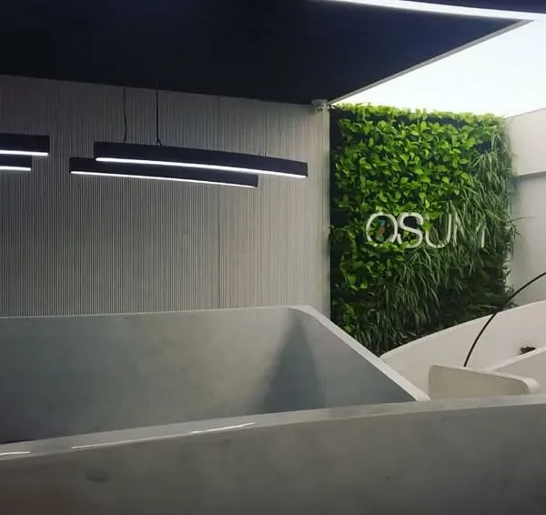 This bio-wall in an office reception creates a powerful first impression. The dense green foliage serves as a natural backdrop for the company logo, blending corporate identity with living design.