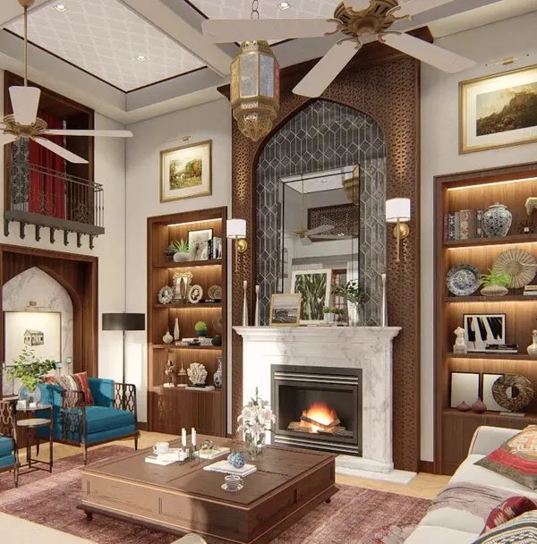 A full view of the haveli's living area, showcasing the grand scale, traditional arched mirror above the fireplace, and built-in shelving for displaying artifacts, all unified by modern furnishings.